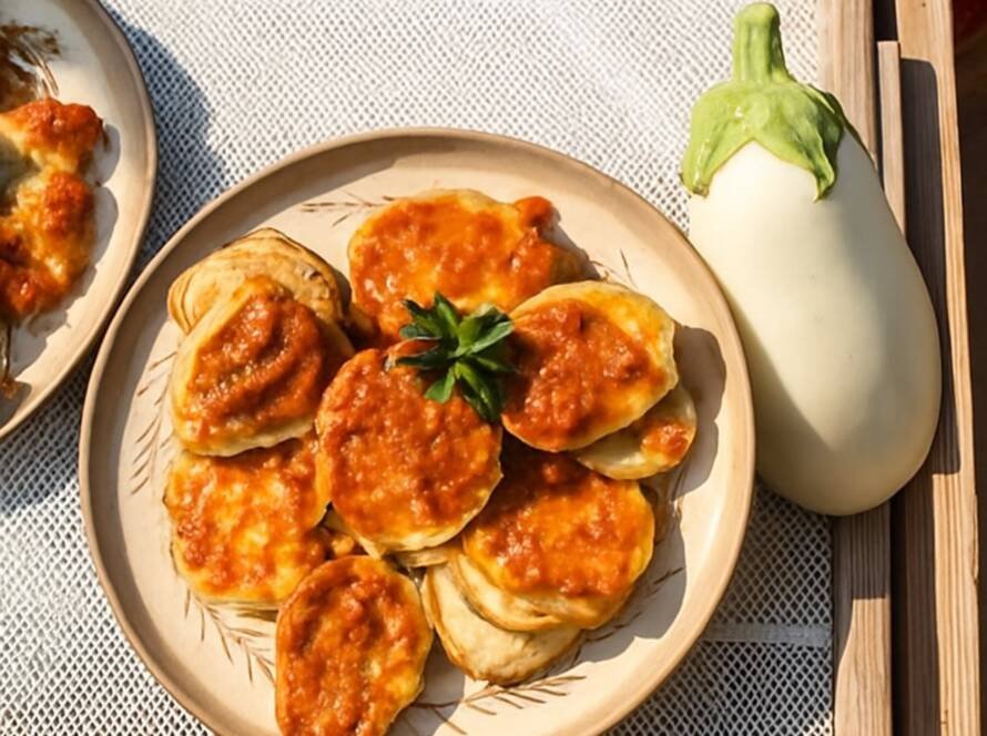 Eggplants with Santorini tomato paste made by Maria Matsantou Faros Santorini Market