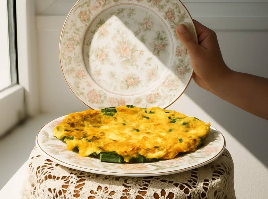 Omelette with fresh onion, from Santorini island Traditional Food